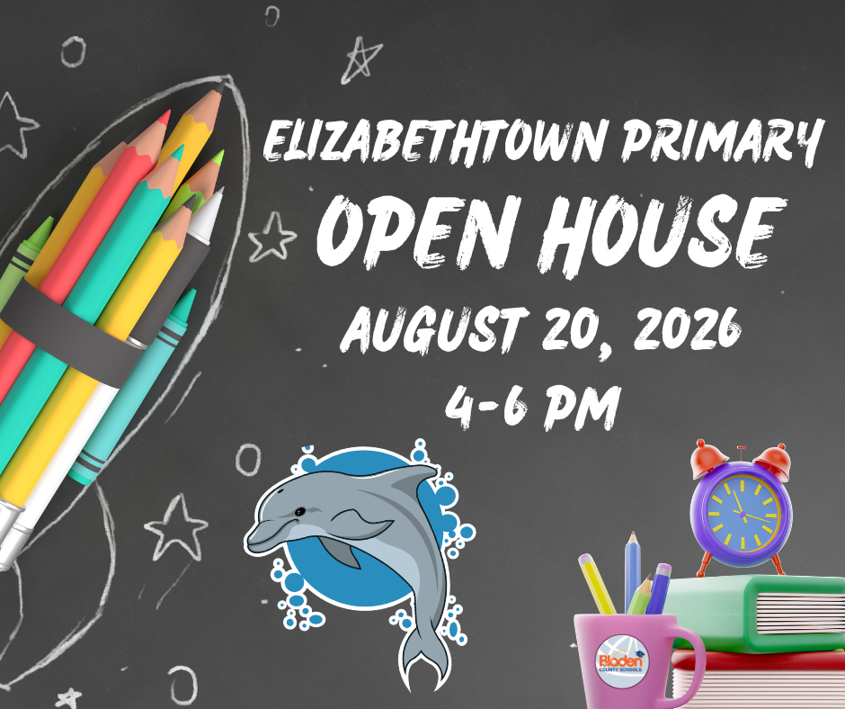 Graphic promoting Elizabethtown Primary Open House. A chalkboard background features colorful pencils, school supplies, and the school dolphin mascot. White text reads: "Elizabethtown Primary Open House, August 20, 2026, 4–6 PM." A stack of books, pencil cup, and alarm clock decorate the bottom right, creating a fun back-to-school theme.
