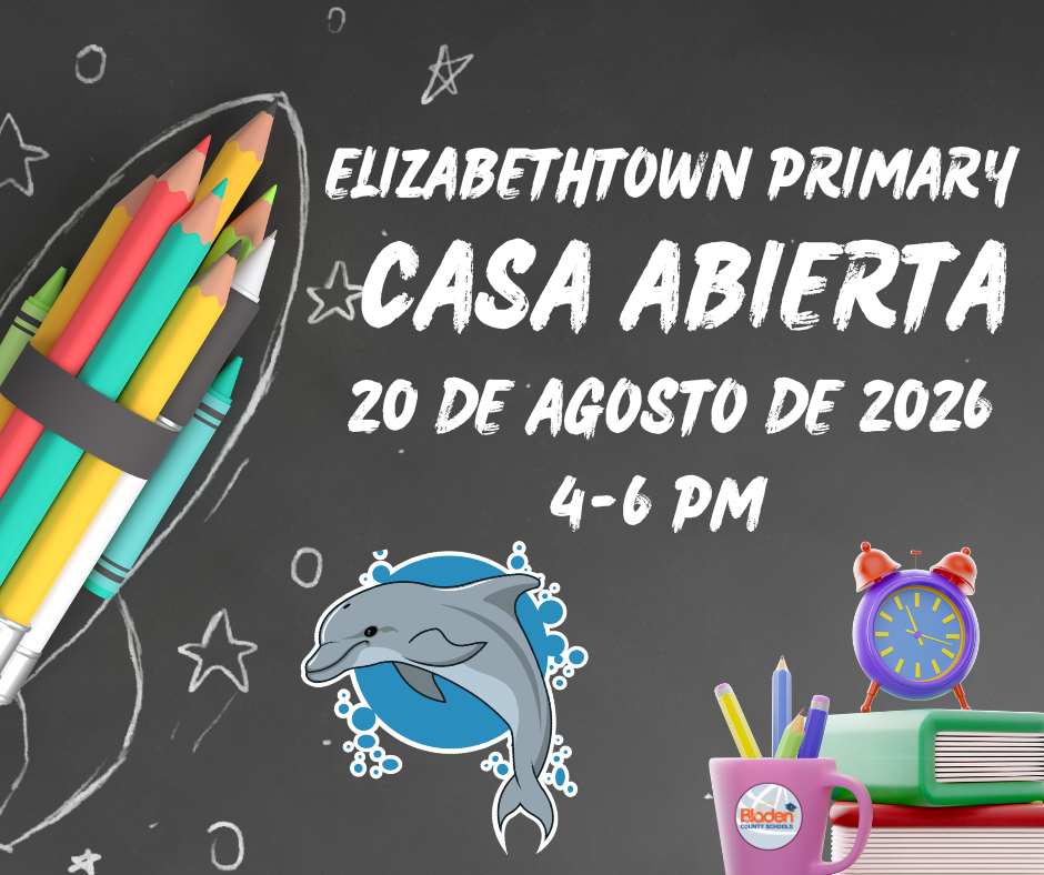 Graphic promoting Elizabethtown Primary Open House. A chalkboard background features colorful pencils, school supplies, and the school dolphin mascot. White text reads: "Elizabethtown Primary Open House, August 20, 2026, 4–6 PM." A stack of books, pencil cup, and alarm clock decorate the bottom right, creating a fun back-to-school theme.