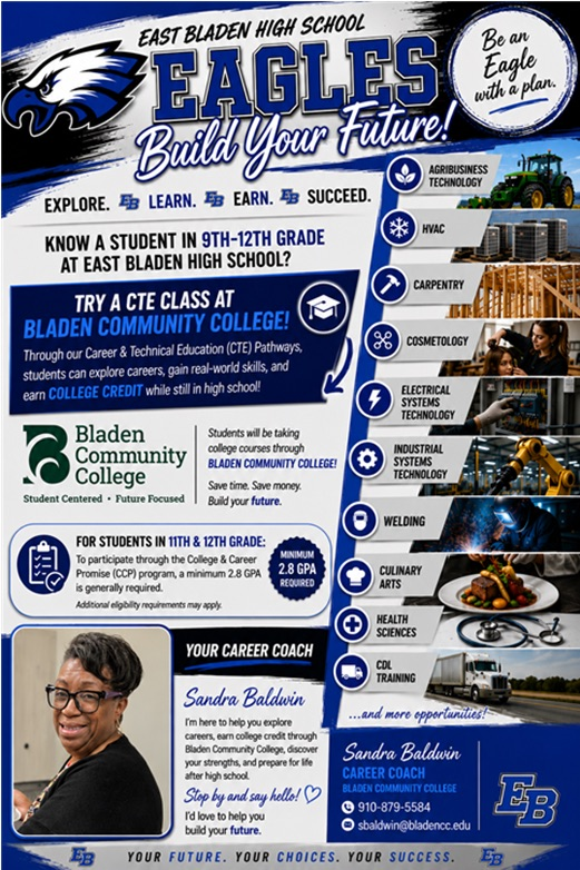 blue black and white flyer with an eagle on it and information for Sandra Baldwin and how she can help students is displayed 