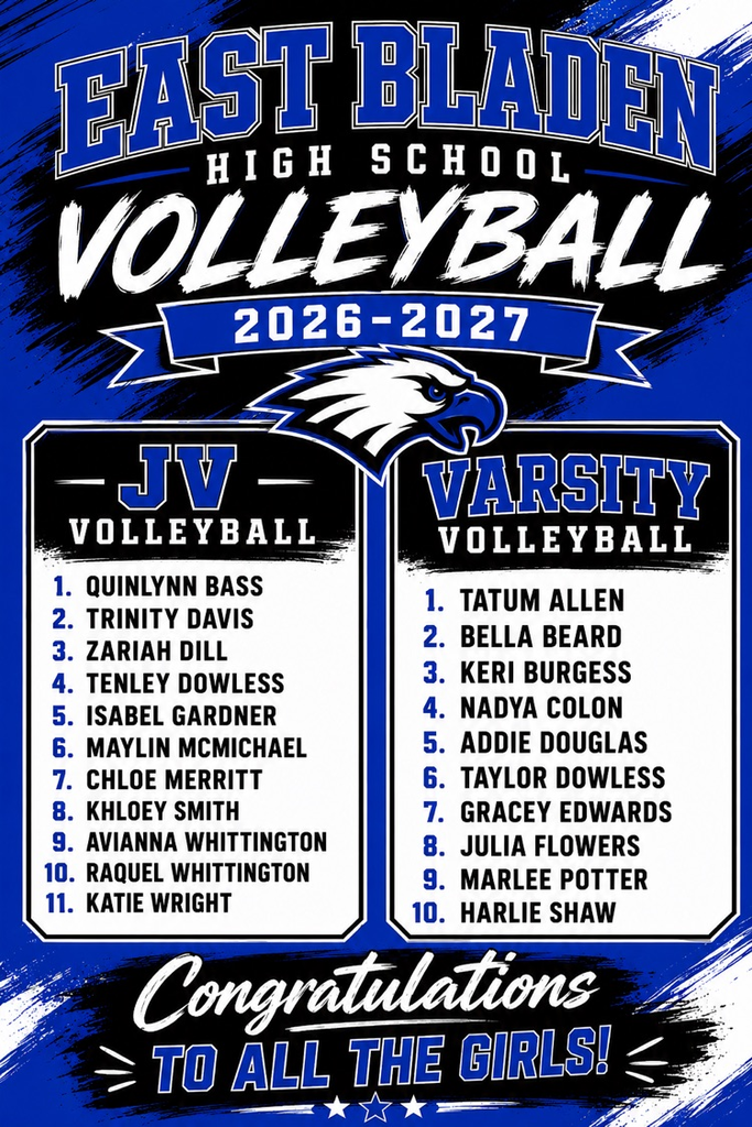 Blue black and white flyer that says volleyball at the top with an eagle and it has two columns for the JV volleyball and varsity volleyball girls that made the teams and says congratulations to all the girls