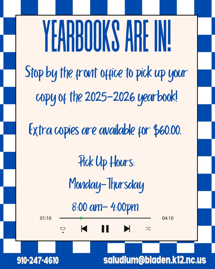 Blue and white checkered background flyer that says gear books are ready to be picked up with a music play button and at the bottom