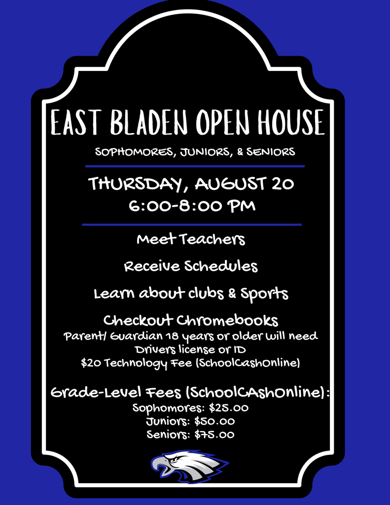 blue background, black frame with eagle at bottom and information about open house.