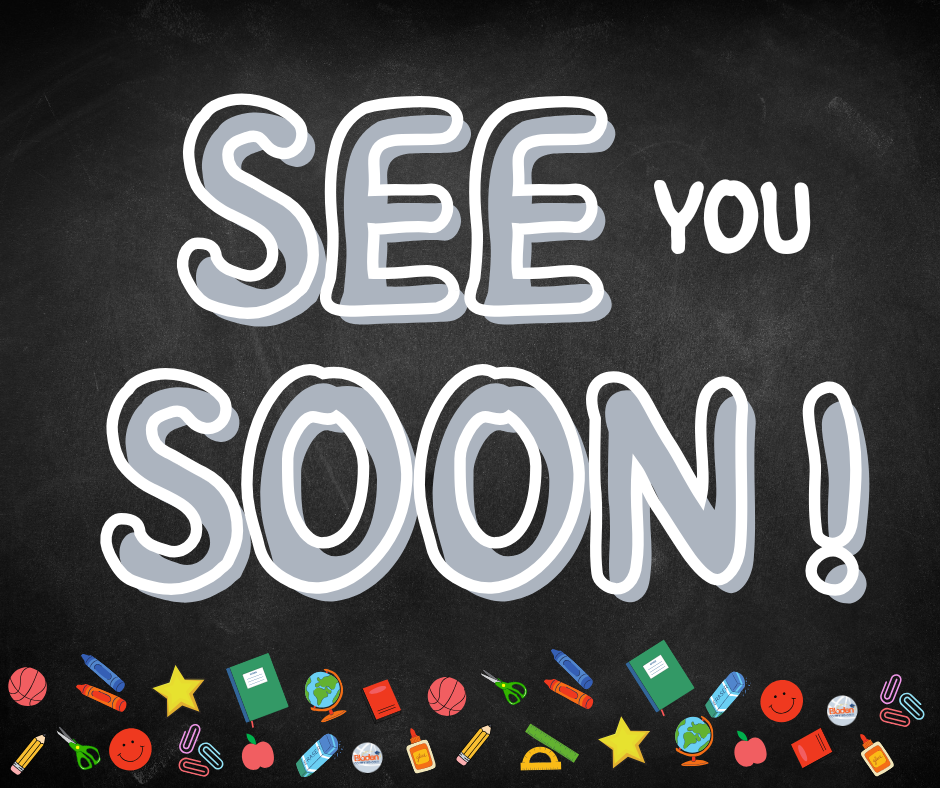 The words See you Soon on a black background. Across the bottom are various school supplies.