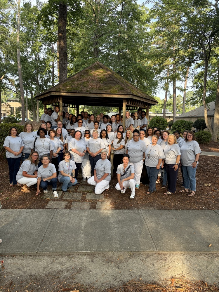 Elizabethtown Primary School staff members pose together outdoors under and around a wooden gazebo, wearing matching gray school shirts. The group smiles for a back-to-school photo as they prepare to begin the new school year.