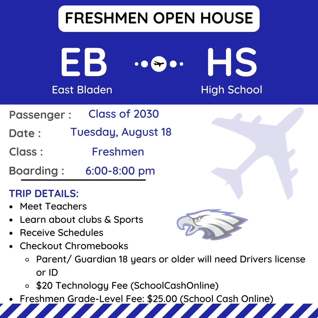 White boarding pass with information about freshmen open house, there is an Eagle and plan on the pass, with blue and white stripes at the bottom. 