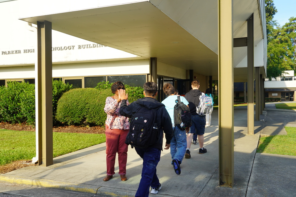 Bladen Early College High School students arrive for the first day of school.