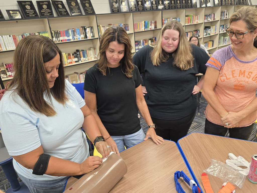 BMS staff members practice wound-packing techniques on a training model during hands-on Stop the Bleed training in the school media center.