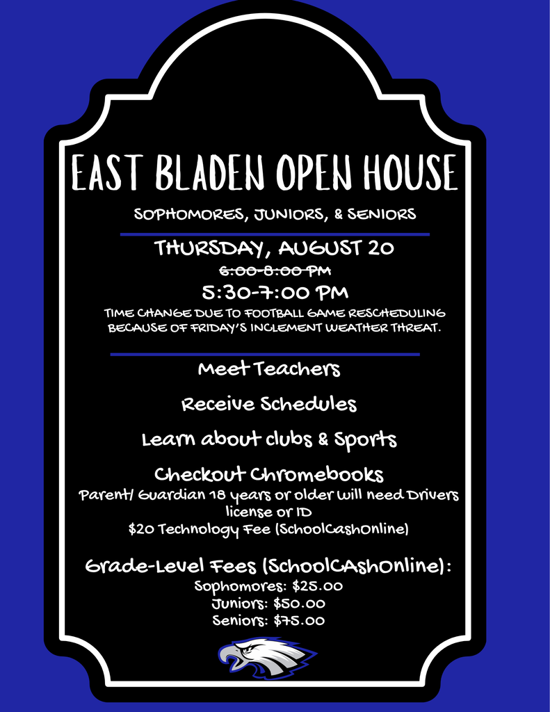 blue background, black frame with eagle at bottom and information about open house.