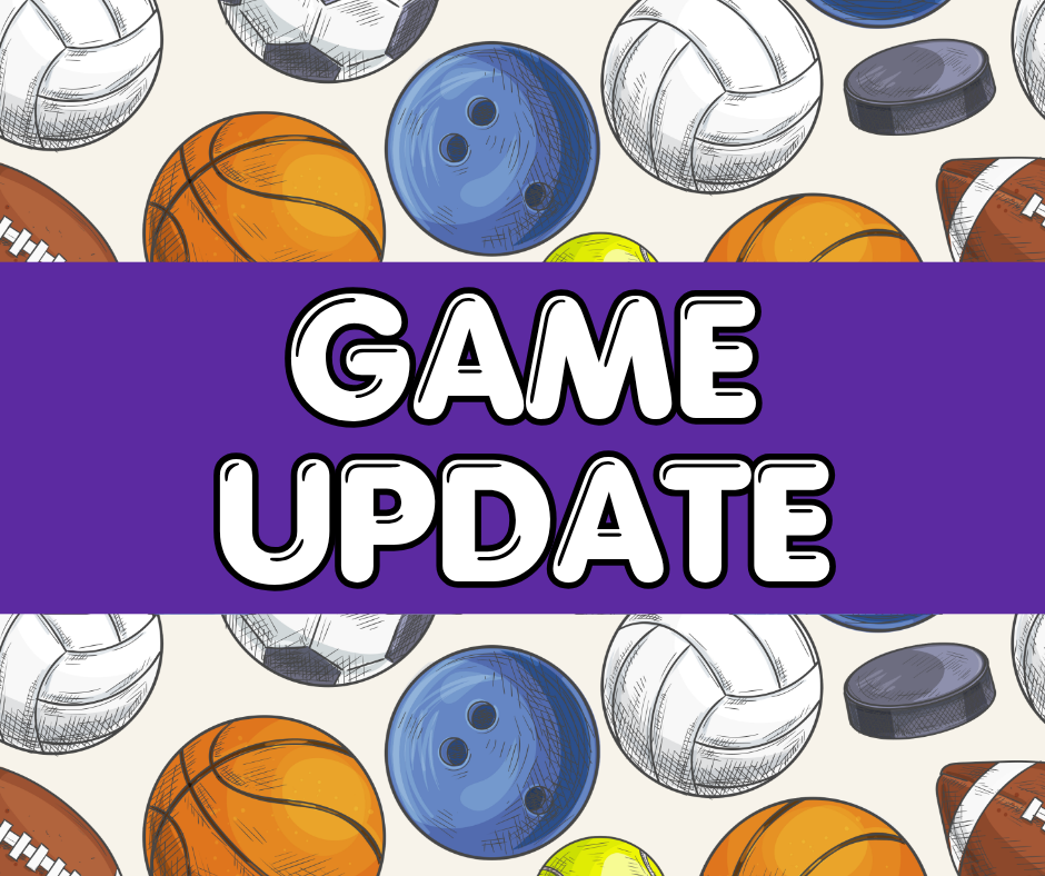 Graphic with various sports equipment pattern in the background reading "GAME UPDATE" in white letters on a purple banner.