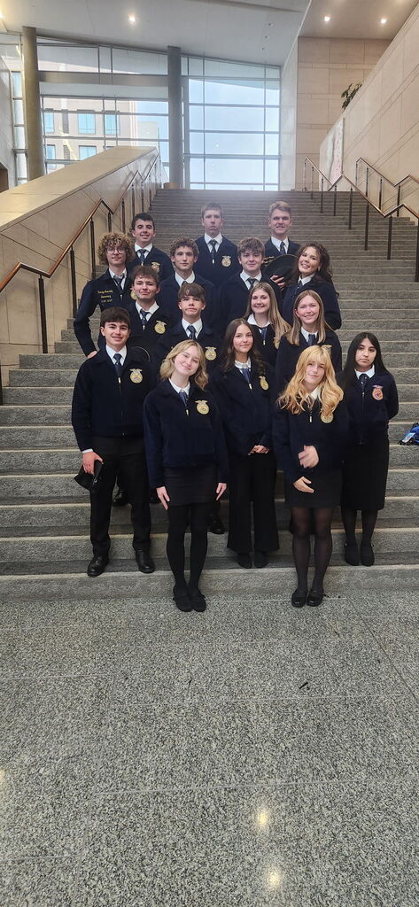 Students having their picture made on a stairwell.