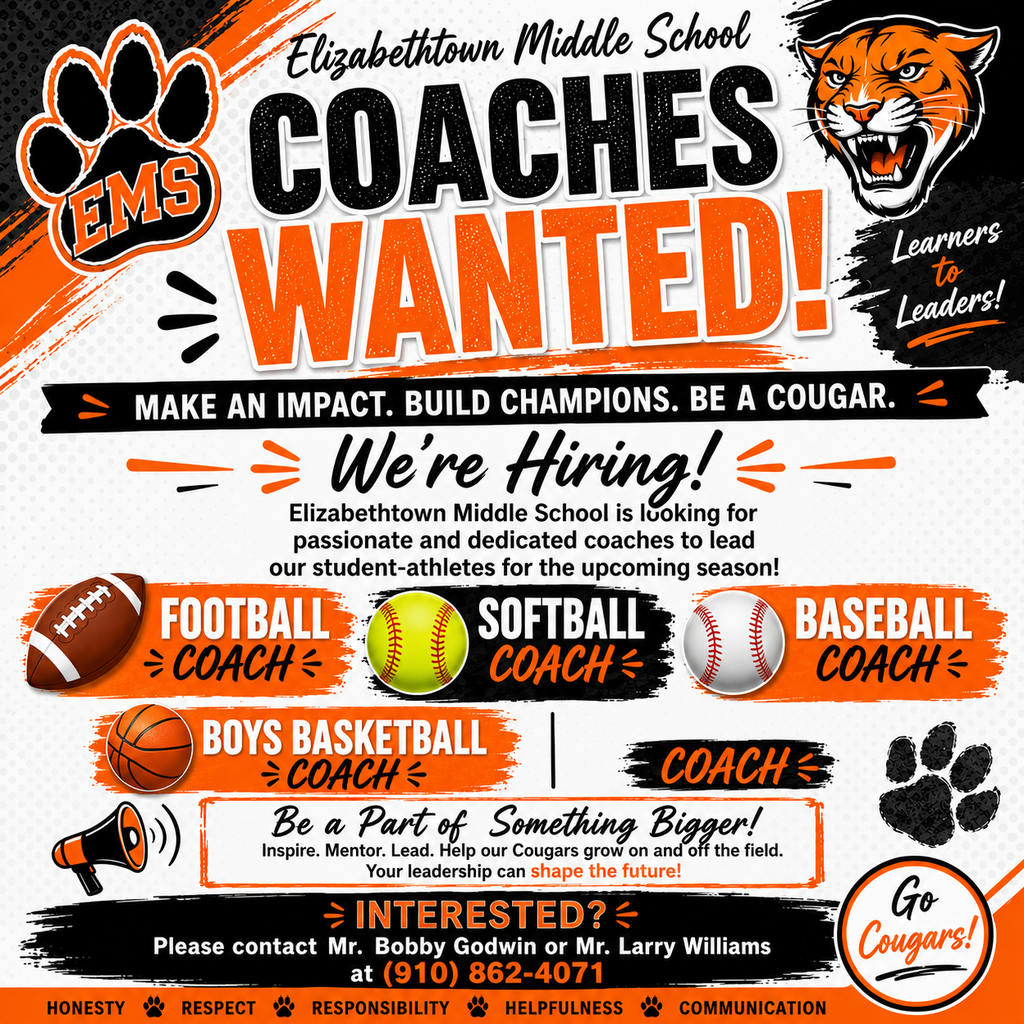 Taking Coaching applications for Football, Softball, Baseball, and Boy's Basketball. Please contact Contact Coach Larry Williams at 910-862-4071 or Principal Bobby Godwin at 910-317-5987