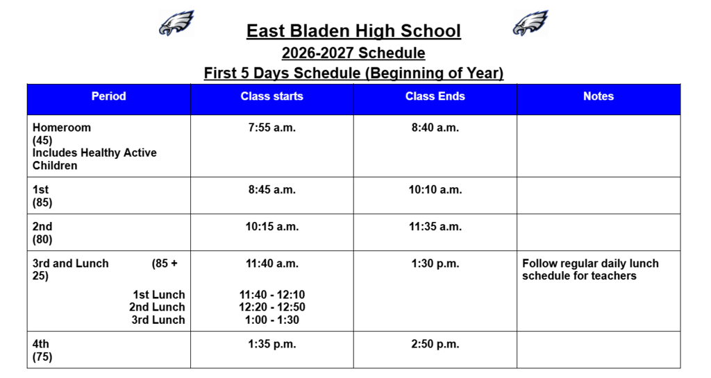 White background, a chart that includes the times for each class period, and two Eagles at the top. The top row if the chart is blue. 