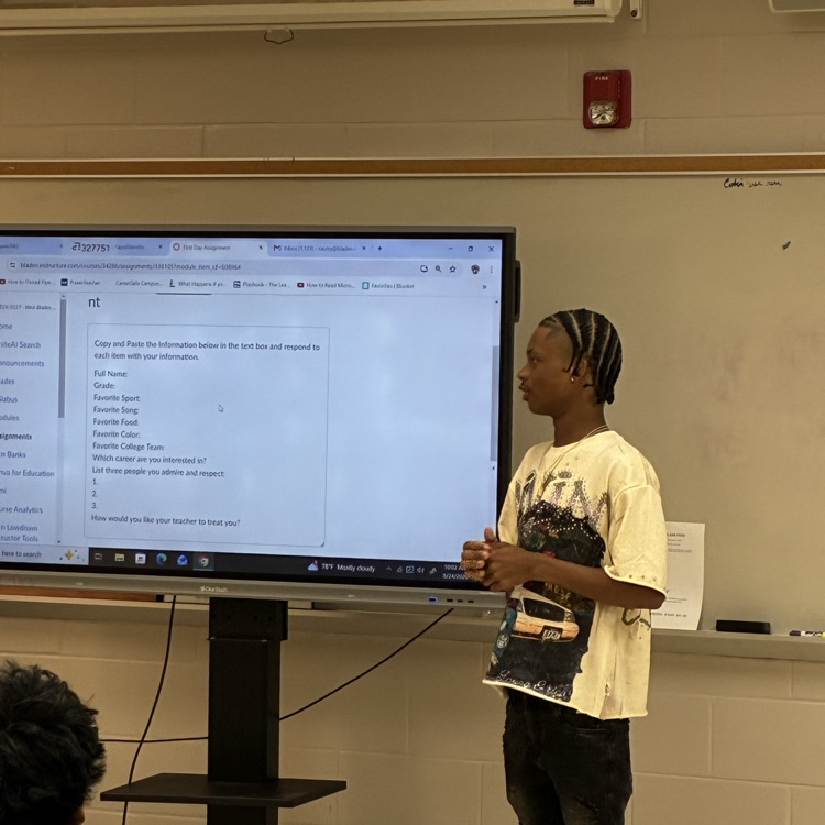 a student presenting information at a clear touch board