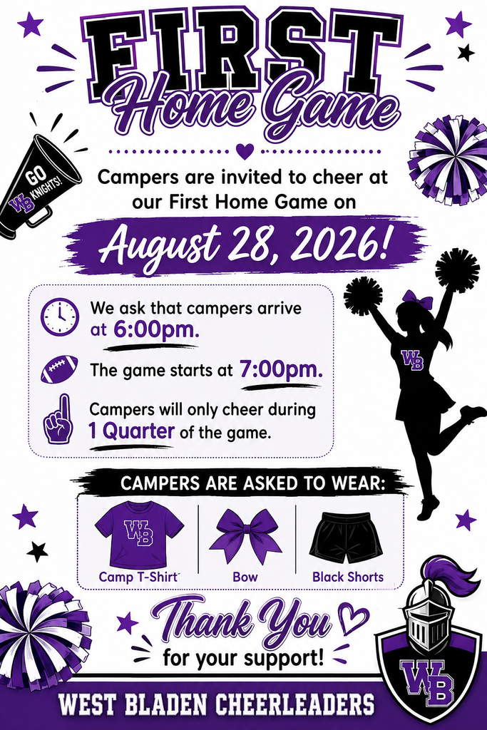 Flyer for Mini Cheer Campers. Go Knights! Cheer at the first home game on Friday, Aug. 28, 2026. Arrive at 6 PM; game at 7 PM (cheer 1st quarter). Wear camp shirt, bow, and black shorts.