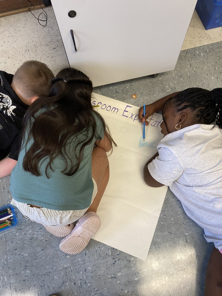 Second graders draw and write together during a classroom expectations activity.