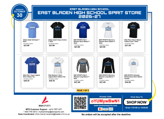 white flyer with blue box and pictures of shirts with prices. QR code at the bottom and shop now button. 