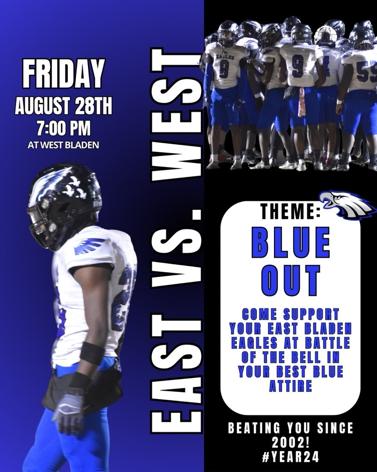 Blue and black background with football player East versus West name White bubble with information about student section theme on it and football players at the top right