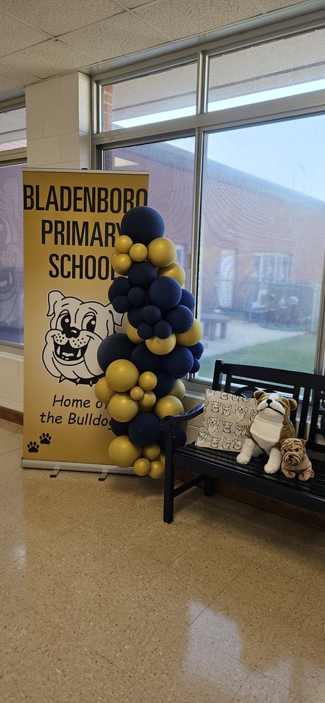 Hallway display of BPS & stuffed animal bulldogs on a bench.