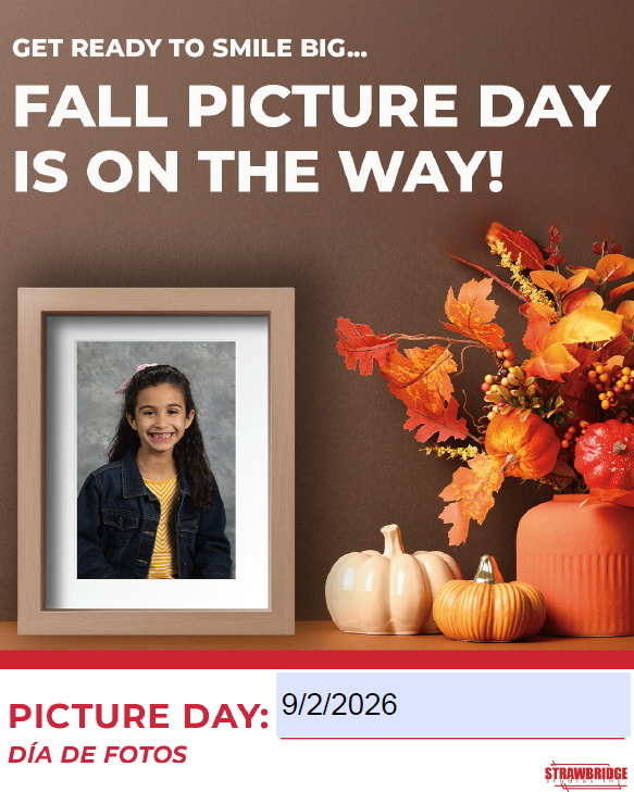 Brown background, table top at the bottom with a picture frame and school pictures and on the right is two pumpkins and an terracotta pot/ case that has a fall lead arrangement in it. 
