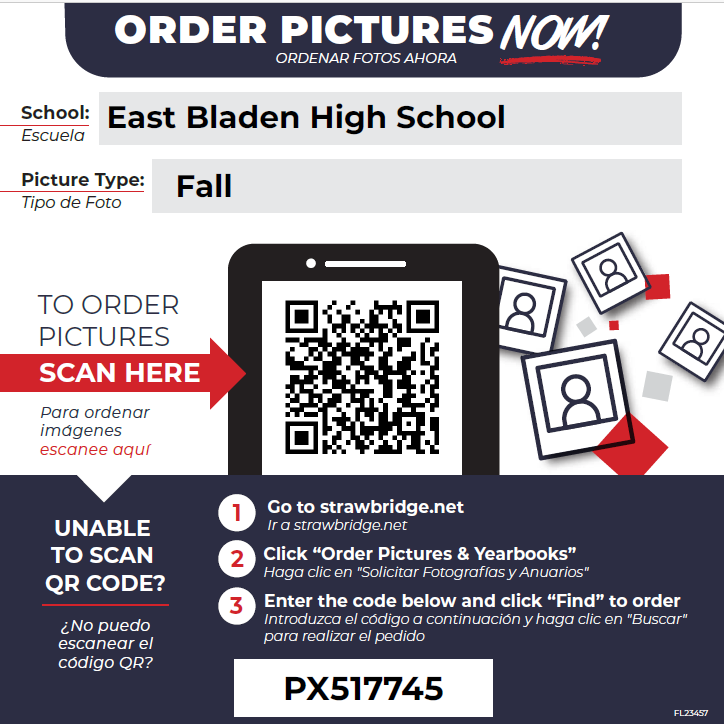 navy blue and white flyer that has a phone with a qr code on it and little polariod pictures are it, and it tells you how to order pictures on it. 