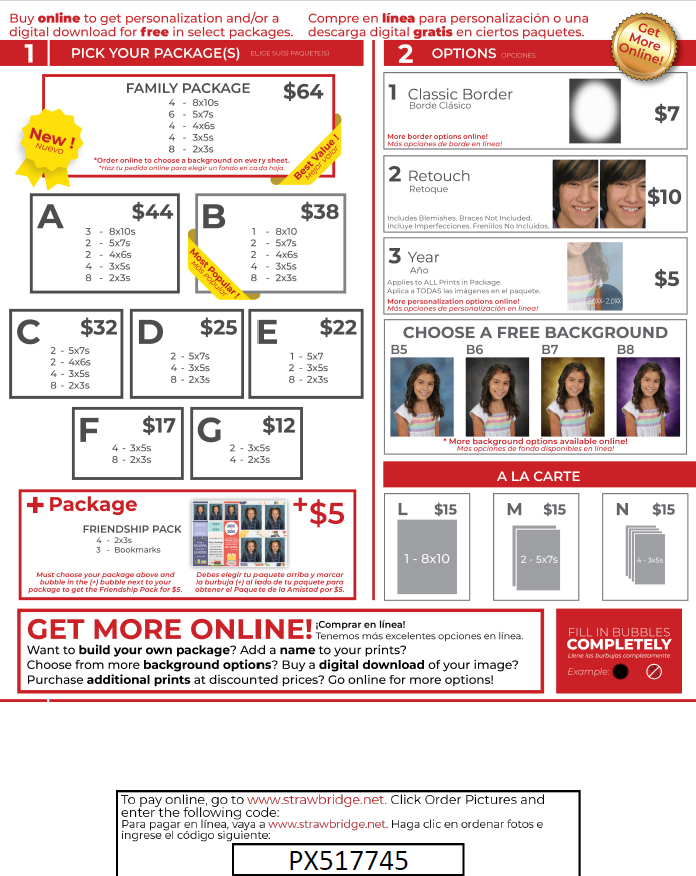 White and red flyer with several boxes on it that include different packages. Some of the boxes have pictures that demonstrate the different color backgrounds. 