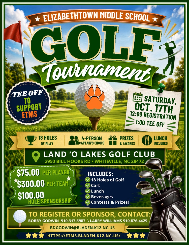 Golf themed flyer advertising the Elizabethtown Middle School Golf Tournament fundraiser .