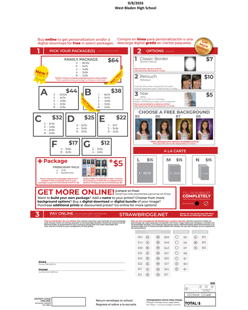Strawbridge school picture order form for West Bladen High School, dated September 8, 2026. The form lists photo packages ranging from $12 to $64, optional borders, retouching and year personalization, free background choices, and à la carte prints. Orders can be placed online at Strawbridge.net or returned to the school.