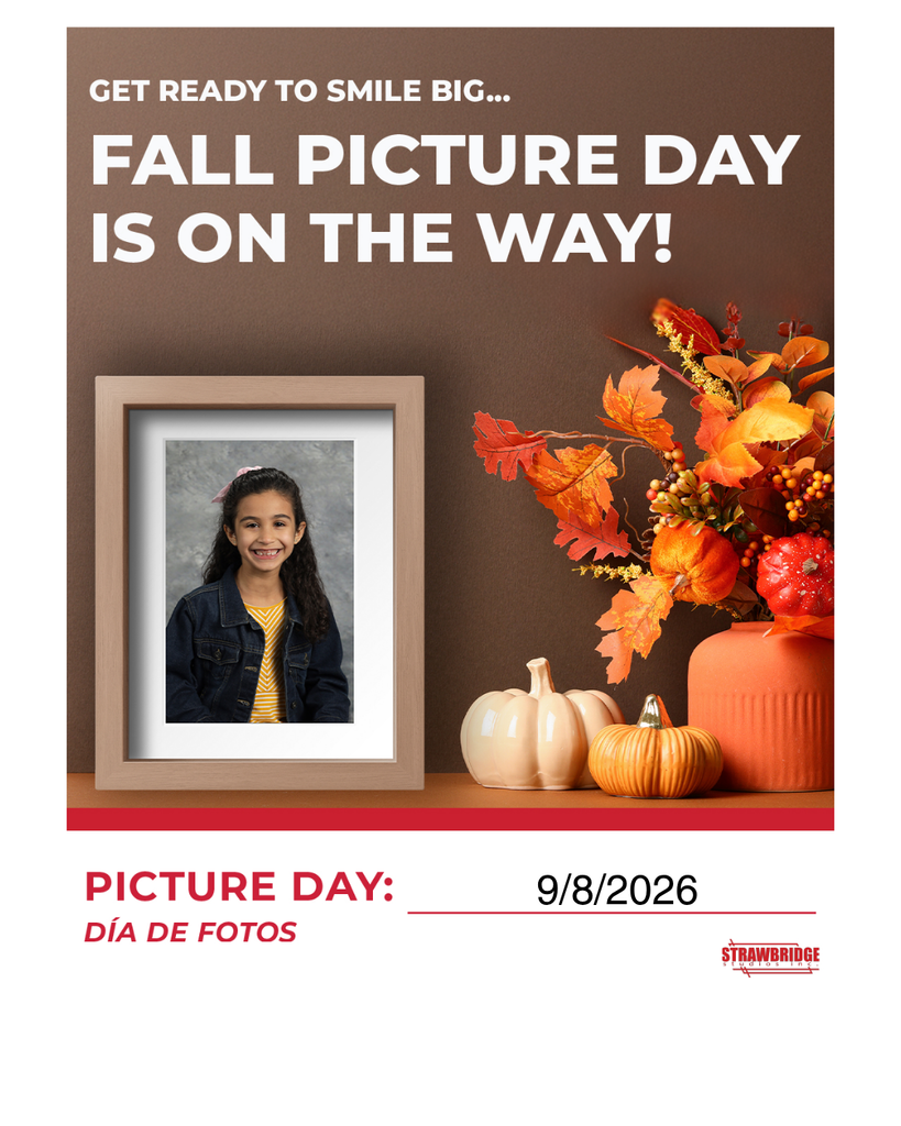 A flyer depicting a student photo in a frame next to fall decor that announces fall picture day as September 8, 2026