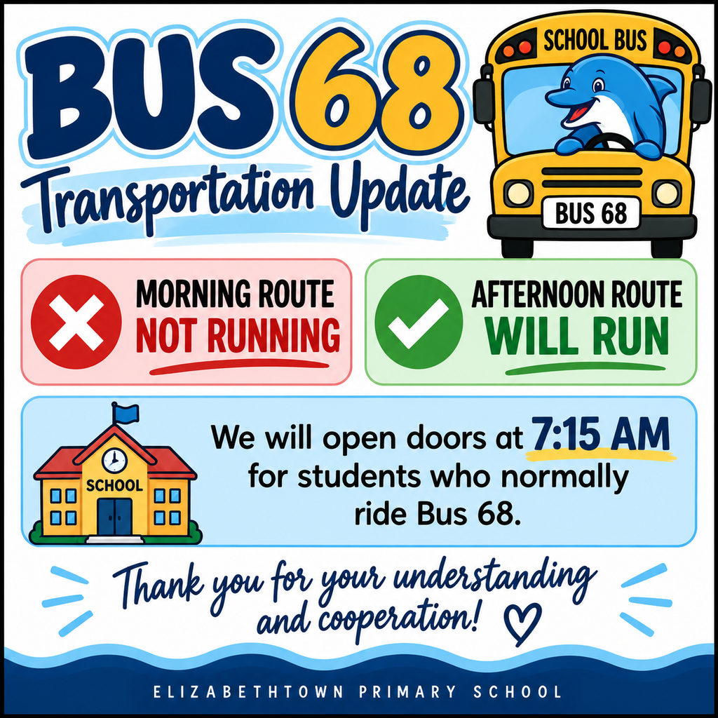 Bus 68 update: No Tuesday morning route. Afternoon route will run. Doors open at 7:15 AM.
