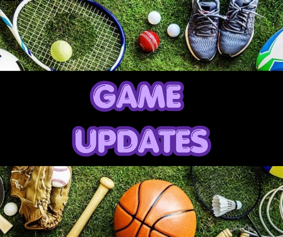 Sports equipment collage featuring a tennis racket, basketball, baseball glove, and shuttlecock, overlaid with text reading "GAME UPDATES