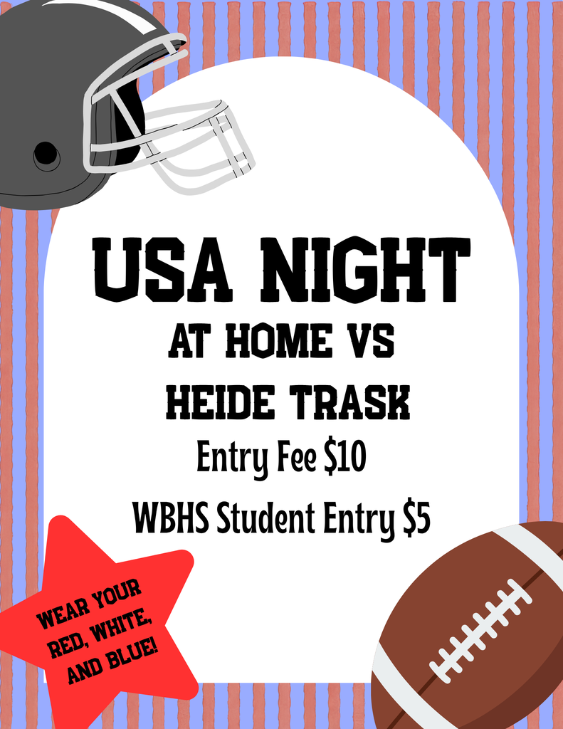 Promotional graphic for West Bladen High School’s USA Night football game. The Knights host Heide Trask with a $10 general entry fee and $5 admission for WBHS students. Fans are encouraged to wear red, white, and blue. The design features a football helmet, football, red star, and patriotic red, white, and blue accents.