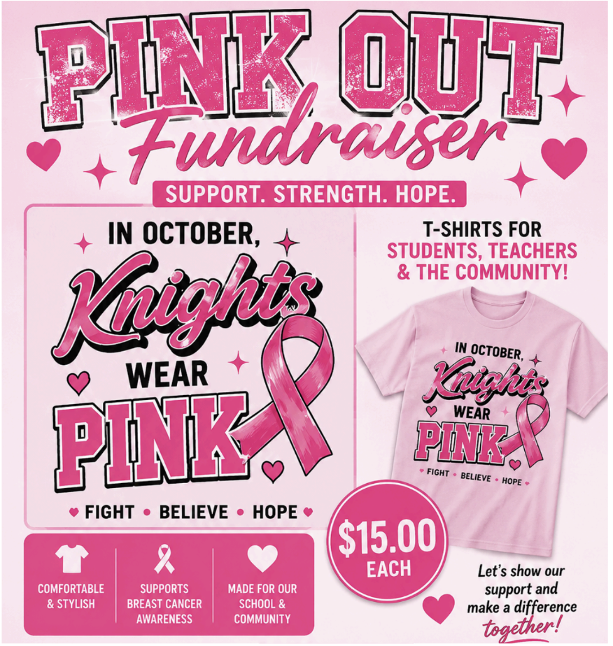 A Pink Out Fundraiser flyer for West Bladen High School. The graphic features bold pink text reading "PINK OUT Fundraiser: Support. Strength. Hope." Below, it reads "IN OCTOBER, Knights WEAR PINK" alongside a pink ribbon symbol and a graphic of a pink t-shirt featuring the same design. Text on the right notes "T-shirts for students, teachers & the community!" with a price callout of "$15.00 EACH." At the bottom, it reads "Fight, Believe, Hope" and "Let's show our support and make a difference together!