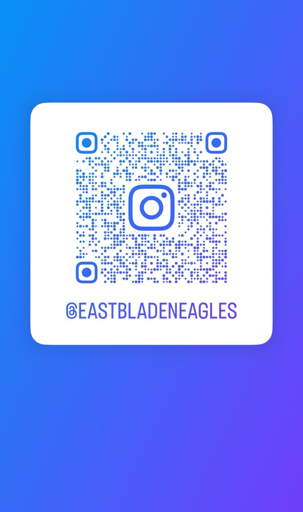 A blue QR code in a white frame with a blue background with a East Bladen eagle as the Instagram tag