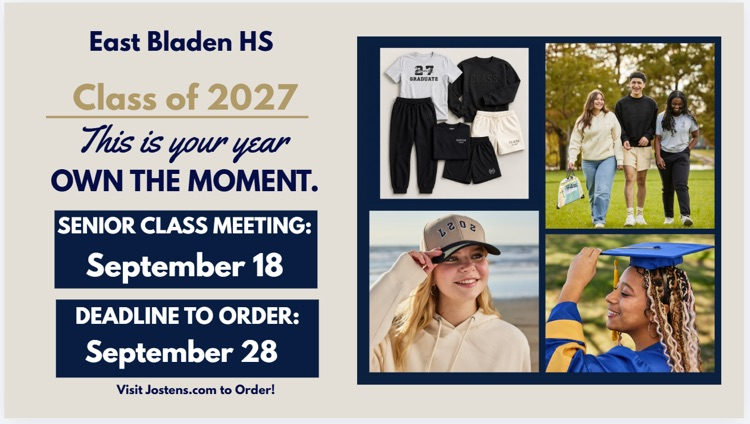 postcard with tan background information about the class of 2027 Senior meeting on ordering cap and gowns there are clothing items pictured a girl at a beach with a class of 2027 hat a girl and a cap and gown 