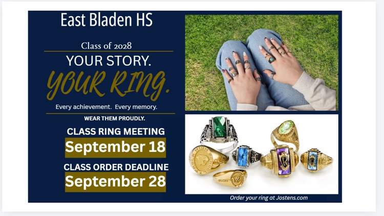 A postcard looking flyer with a navy blue square that gives detail details about ordering classroom rings on it. Picture of a person with their hands on their jeans with rings on every finger. And picture of class rings below it.