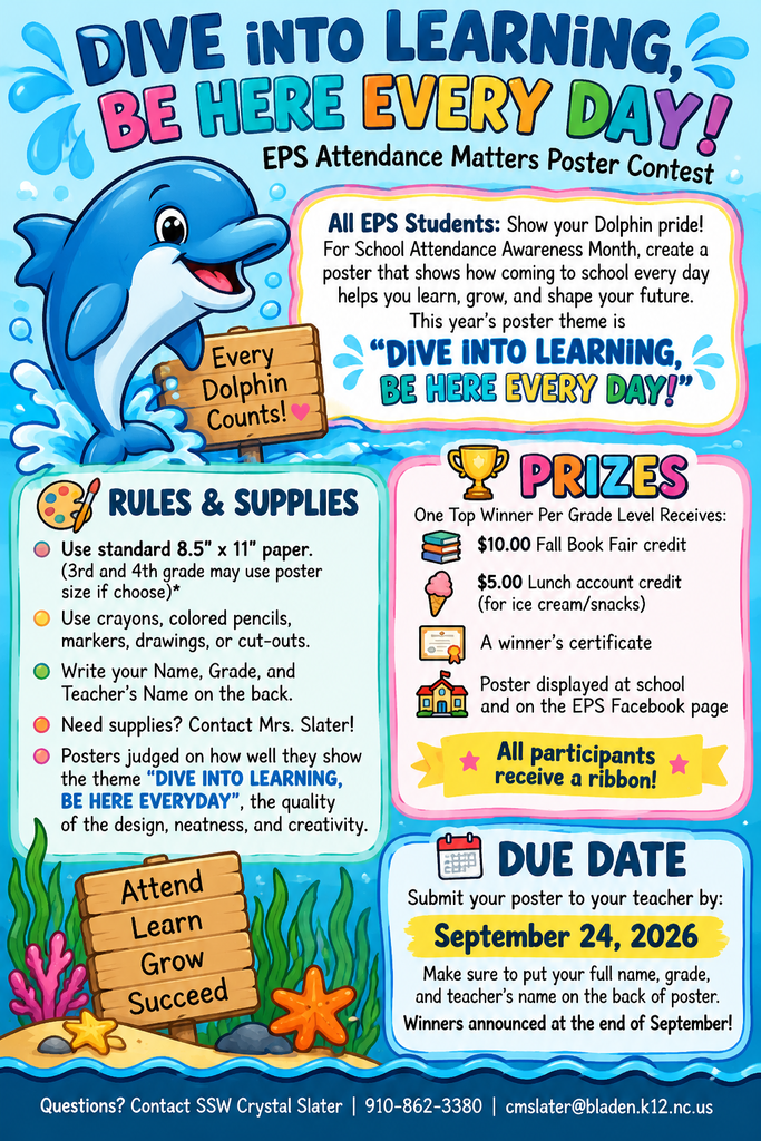 Colorful ocean-themed EPS Attendance Matters Poster Contest flyer featuring a smiling dolphin, contest rules, prizes, and a September 24, 2026 deadline.