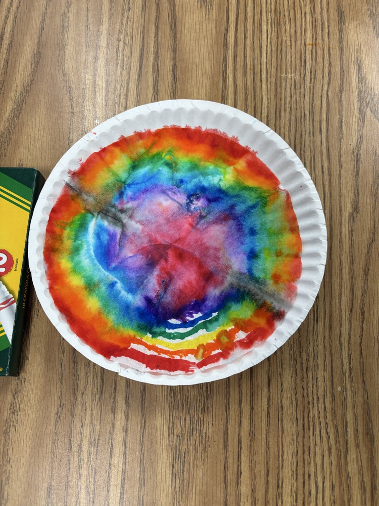 Colorful student-created Dot Day artwork made with blended rainbow colors on paper plates.