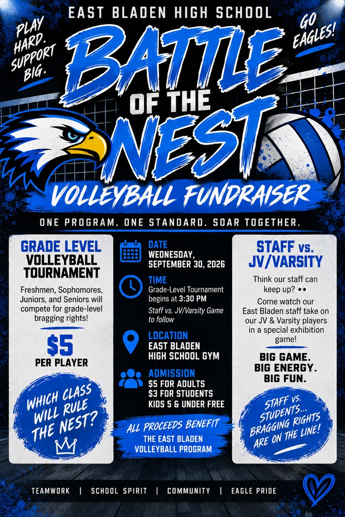 Blue, black and white graphic with an eagle and a volleyball on it in various symbols to represent a time, location and admission costs. Flyer is advertising a volleyball fundraiser for grade level competitions.