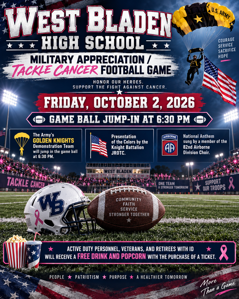 Event graphic for West Bladen High School Military Appreciation and Tackle Cancer Football Game on Oct 2, 2026 at 6:30 PM.