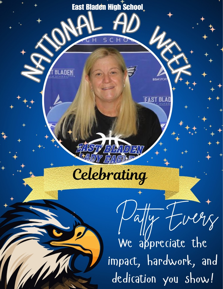 Blue flyer with eagle at the bottom a ribbon saying congratulations in a picture of Coach Patty Evers for national athletic Director week