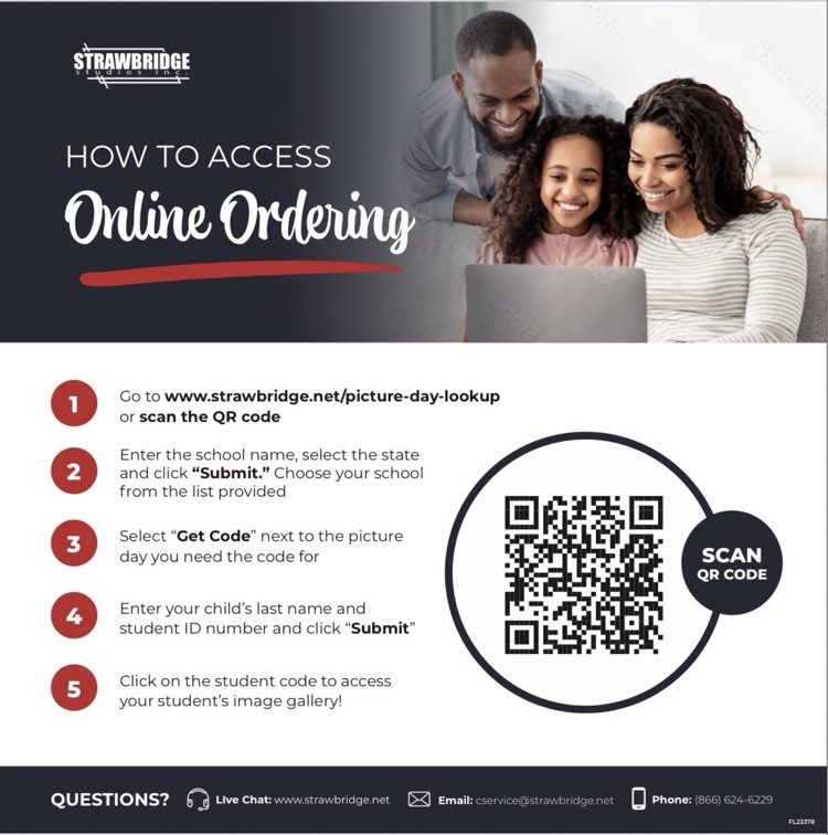 White and blue flyer with a picture of a man and woman with a little girl looking at a computer. There’s a QR code on the screen and steps on how to order school photos.