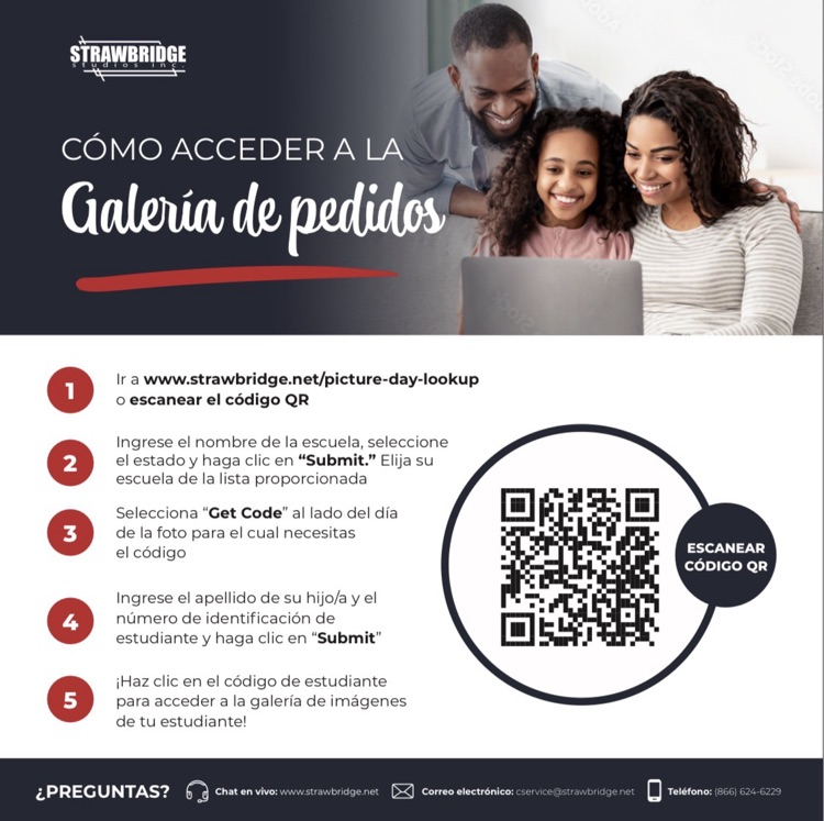 White and blue flyer with a picture of a man and woman with a little girl looking at a computer. There’s a QR code on the screen and steps on how to order school photos.