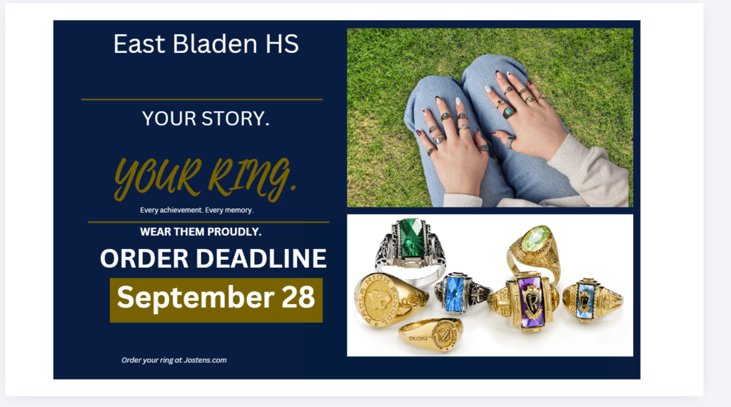 Blue flyer, picture of hands on knees showing class rings, picture of class ring options, and order information provided.