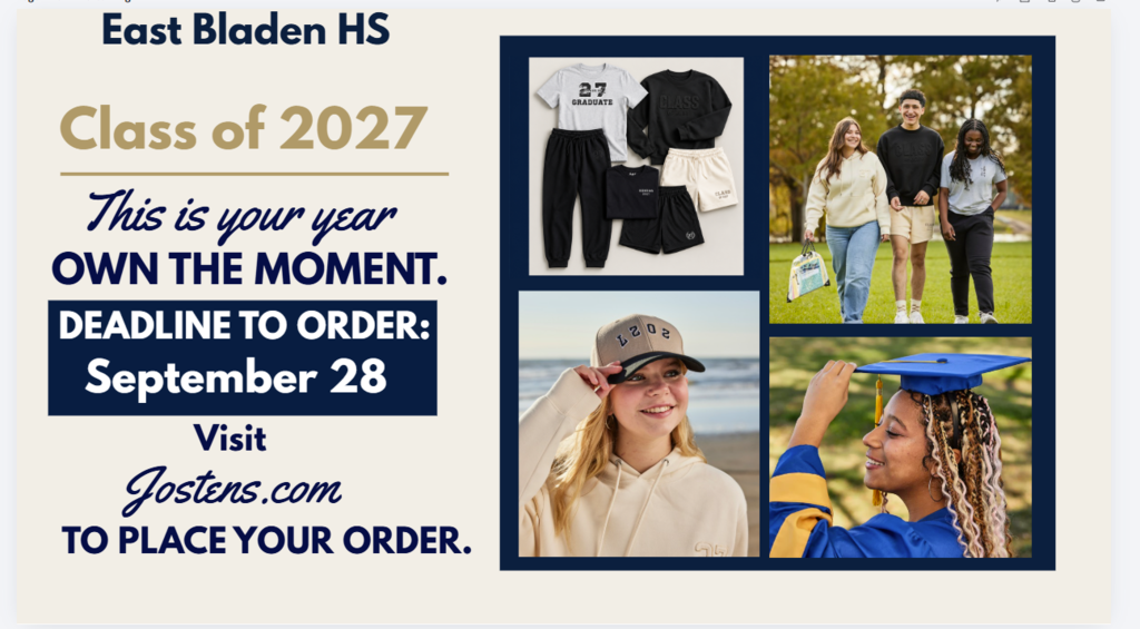 tan flyer with navy box that includes pictures of students with various senior swag items including a ball cap, sweatsuit, and cap and gown. The flyer is reminding seniors to purchase their cap and gowns by 09/28.