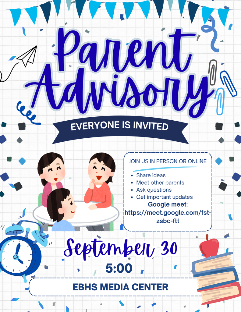 A colorful school-themed flyer with a white grid background, blue and teal accents, and school-related illustrations. Large blue text reads “Parent Advisory,” with a banner stating “Everyone Is Invited.”
