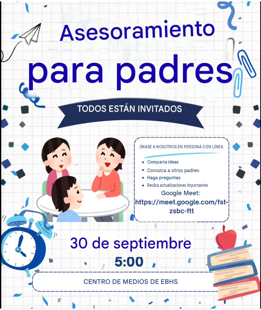 Un volante colorido con temática escolar, fondo blanco cuadriculado y detalles azules y verde azulado. El texto grande dice “Parent Advisory” y una pancarta indica “Everyone Is Invited”.