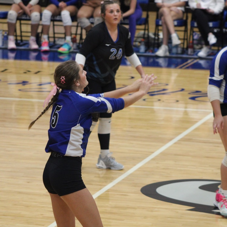 girls and blue jerseys black shorts playing volleyball