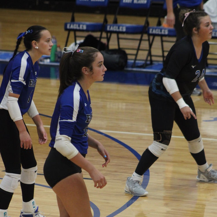girls and blue jerseys black shorts playing volleyball