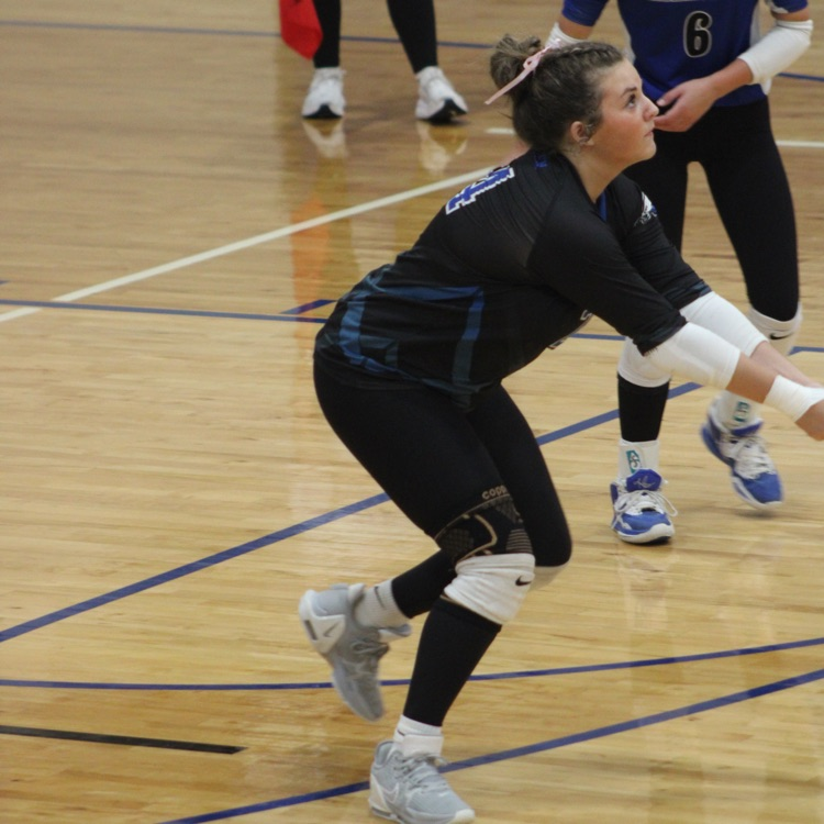 girls and blue jerseys black shorts playing volleyball