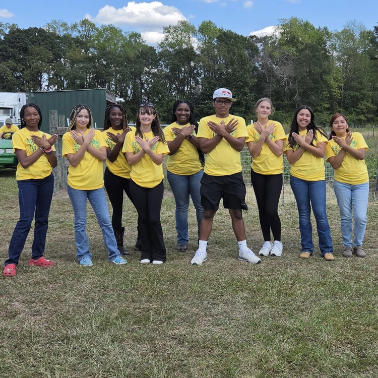 A group of 10 high school students stand with jeans or black pants with yellow shirts with green writing as they pose making the eagle sign with their hands